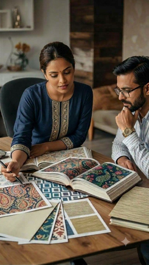 Design consultation with wallcovering samples