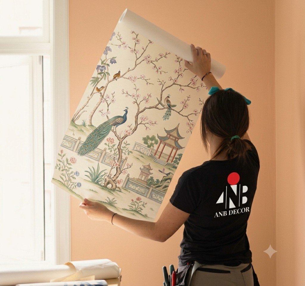 ANB Decor installer presenting a wallcovering